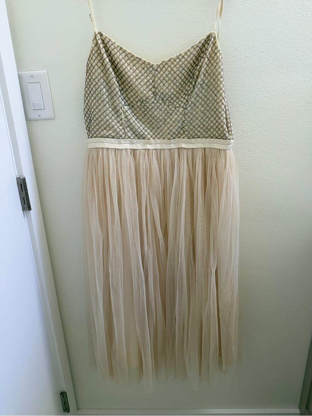 Champagne Blush Tulle Spaghetti Strap Dress with Embellished Sparkly Bodice